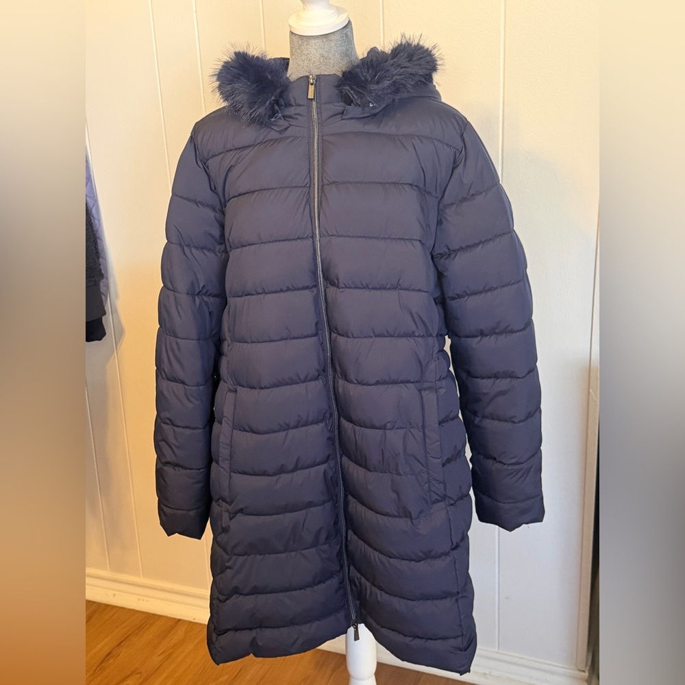 Susan Graver Navy Water Resistant Quilted Coat with Faux Fur Detachable Hood